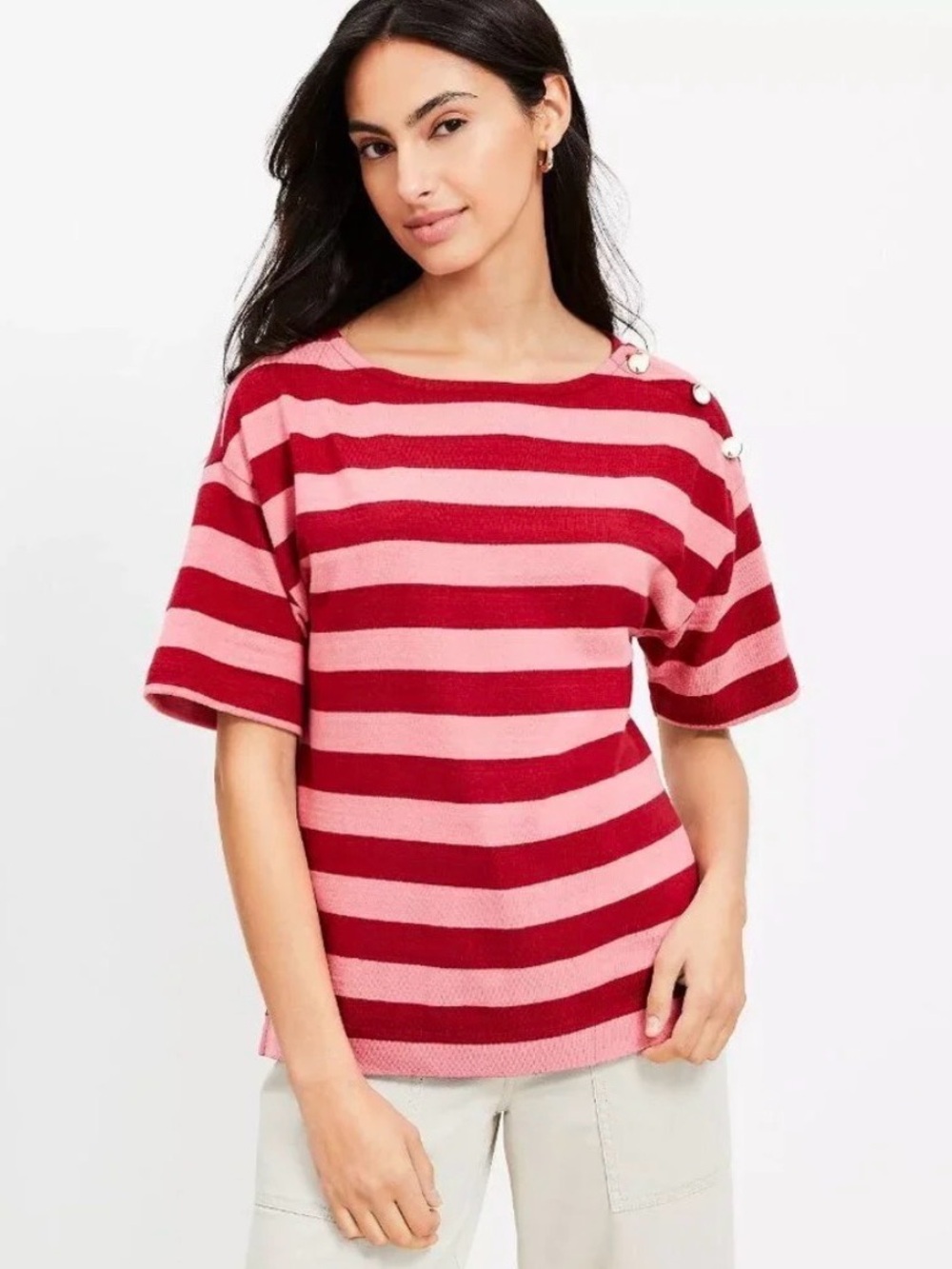 NWT LOFT 100% Cotton Striped Short-Sleeve Top - Red & Pink Size L